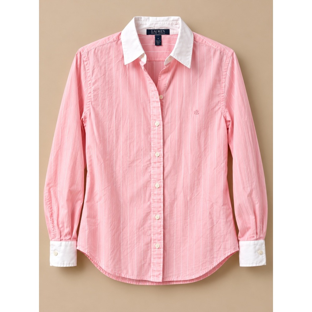 Lauren Ralph Lauren Womens Shirt M Pink Striped Contrast Collar Button Down LRL